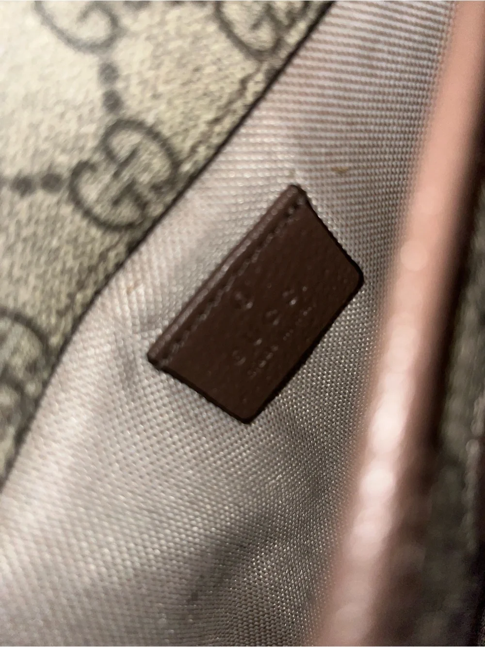 Gucci Beige Monogram Canvas Brown Leather Oval Logo Patch with Gold Lettering